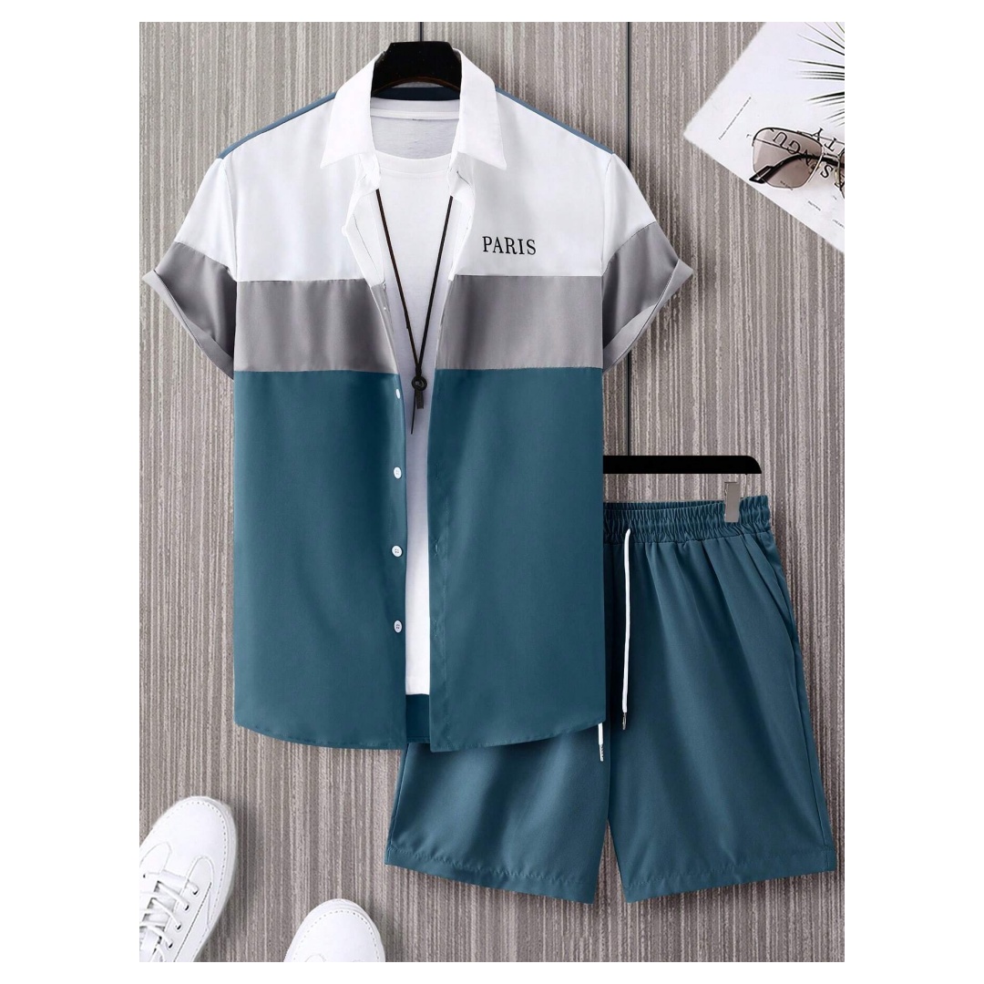 Mens Fashion Clothes - Herenmodepak Blauw en wit patchwork-kleurig enkelrijig